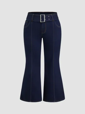 High Stretch Denim Mid Rise Flared Jeans With Belt Curve & Plus