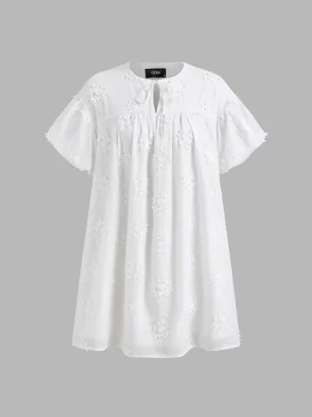 100% Baumwolle Blumenstickerei Dolmanärmel Smock Mini Kleid