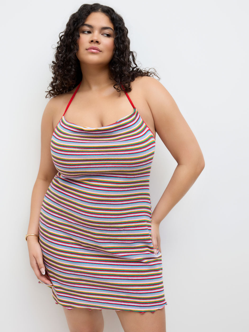 Cotton-blend Halter Cowl Neck Stripe Lettuce Trim Backless Mini Dress