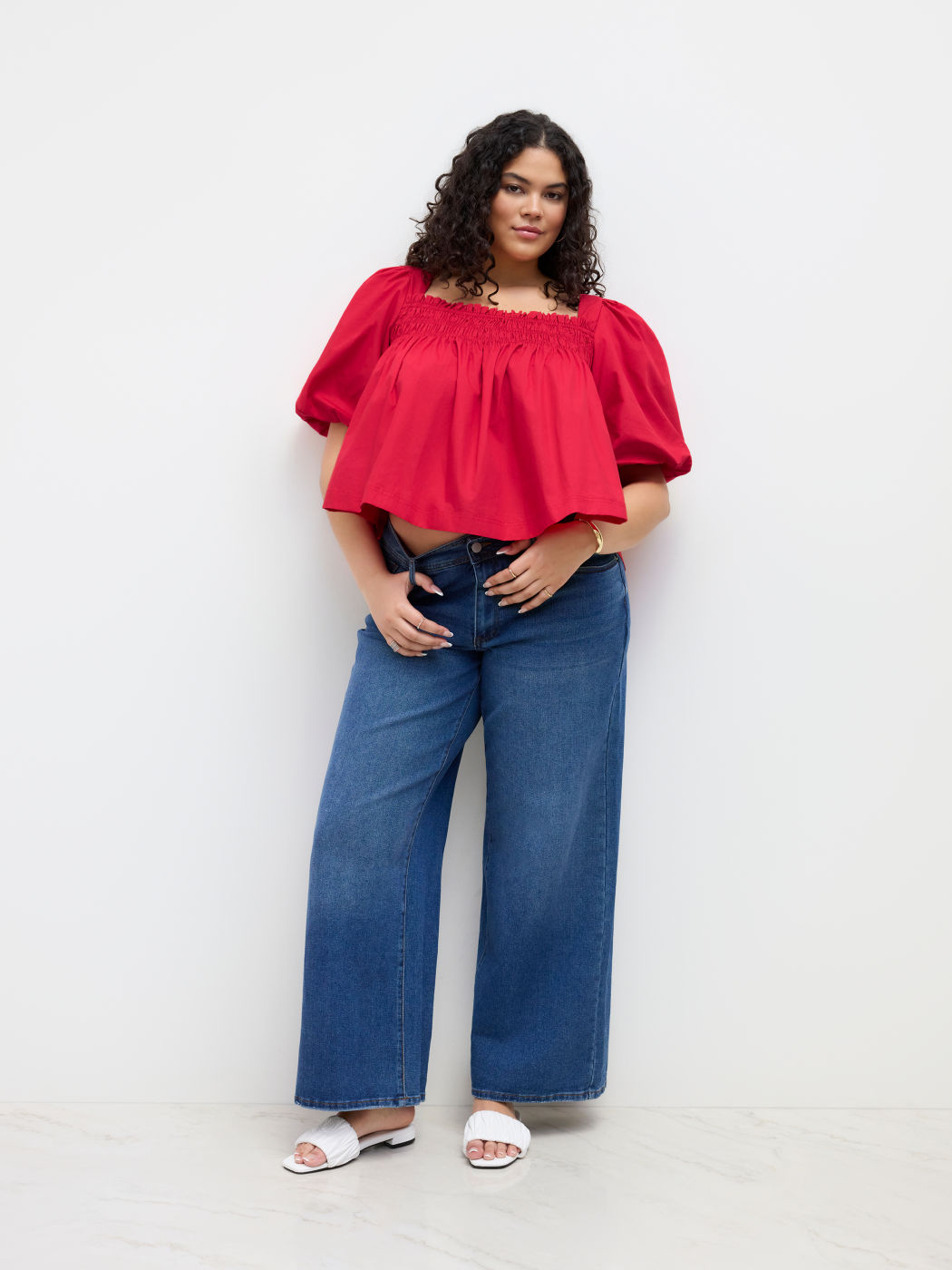 100% Baumwolle Shirred Knotted Puff Mittelarm Oversize Bluse Kurve & Plus