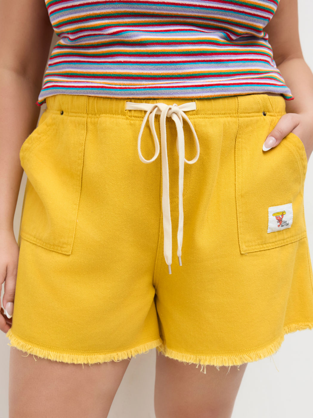 Denim Mid-Rise Drawstring Raw-Hem Mikro-Shorts Kurve & Plus