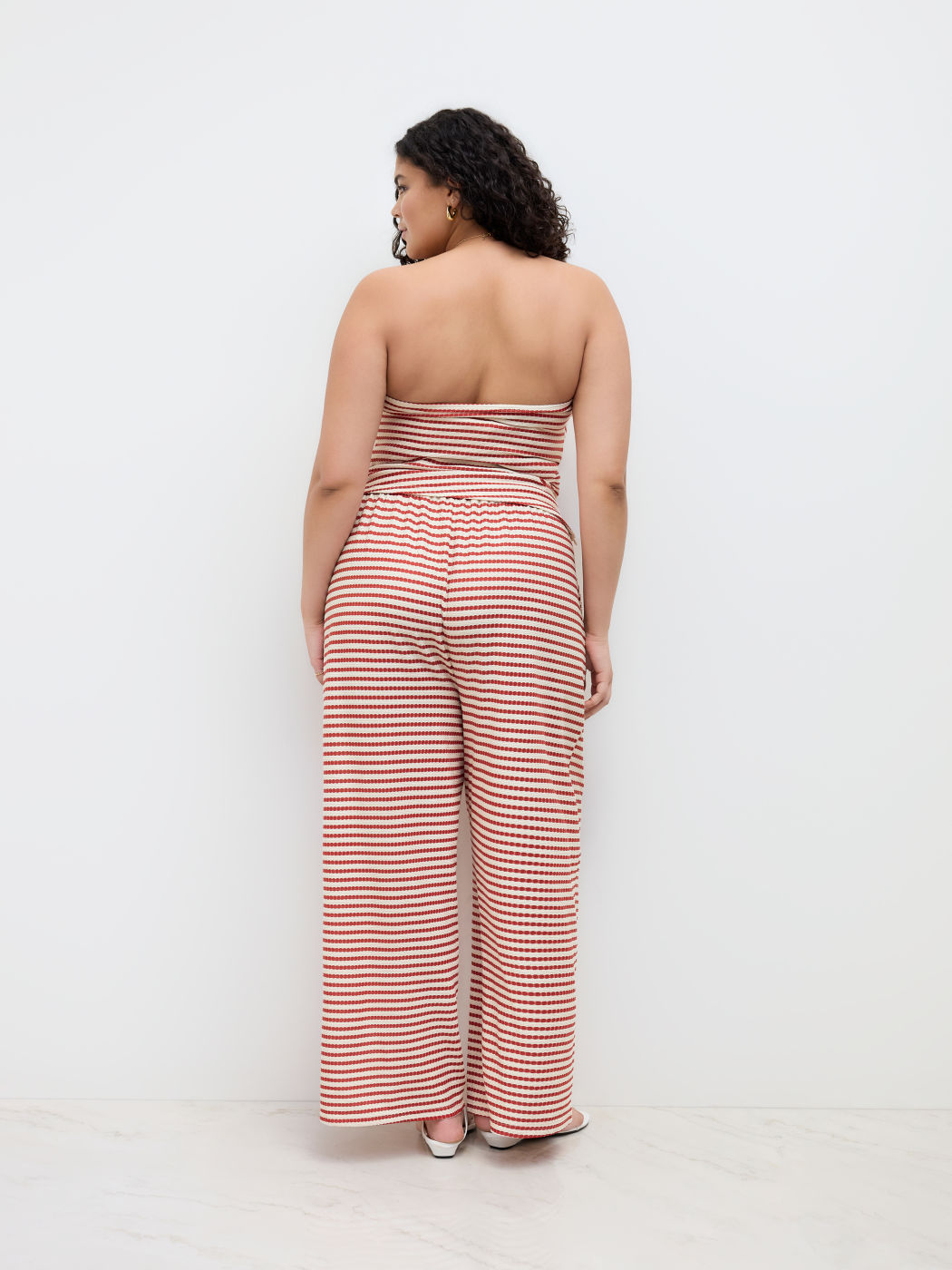 Bandeau Stripe Ruched Asymmetrical Hem Top & Mid Rise Knotted Wide Leg Trousers Set Curve & Plus