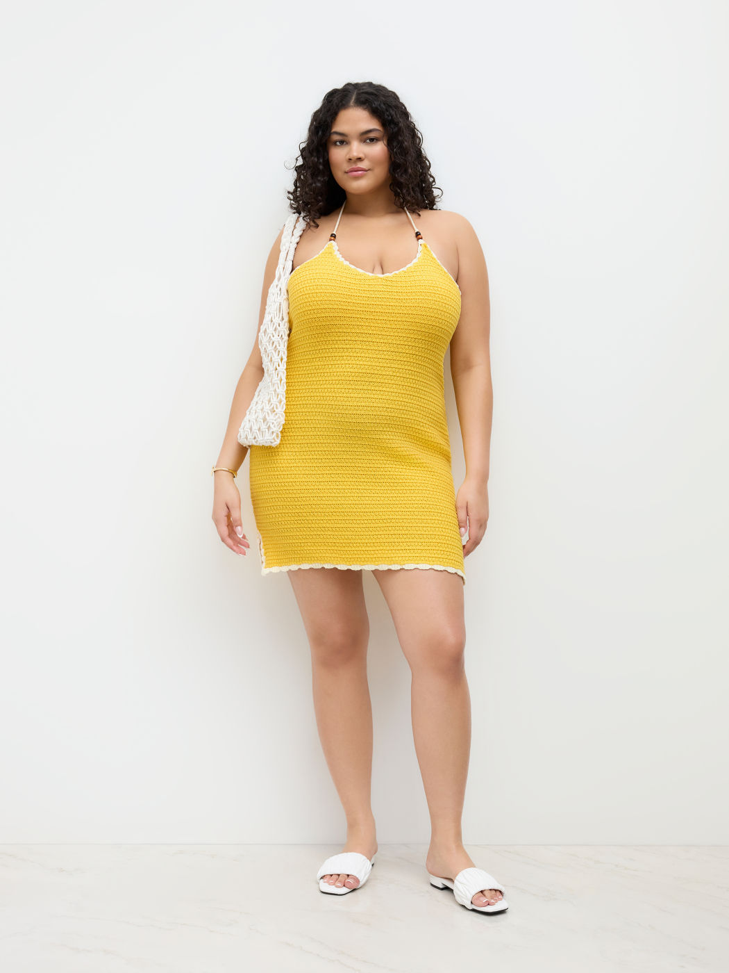 Knit Halter Neckline Contrasting Binding Beaded Spilt Mini Dress Curve & Plus