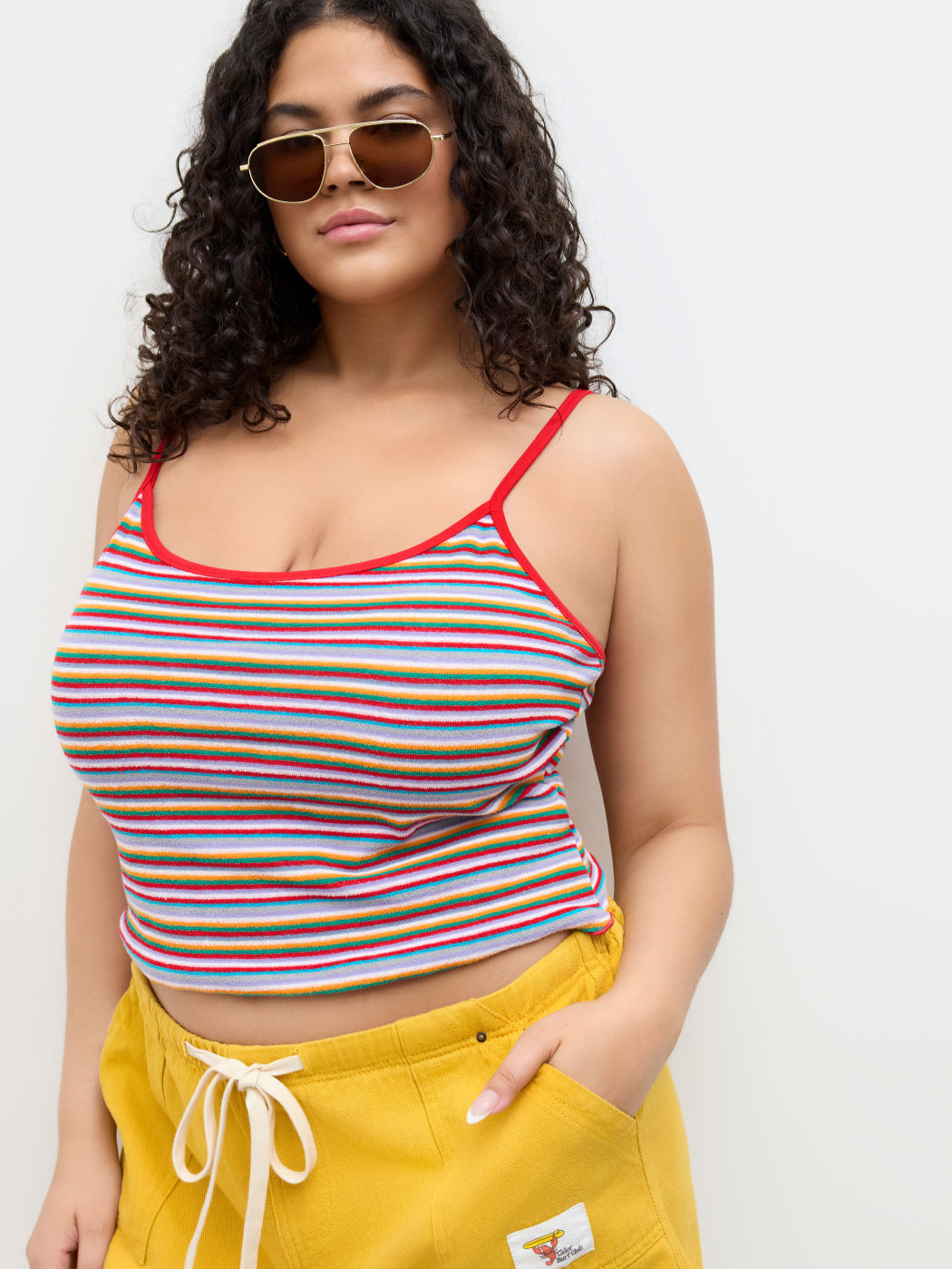 Cotton-blend Stripe Contrasting Binding Lettuce Hem Cami Top Curve & Plus