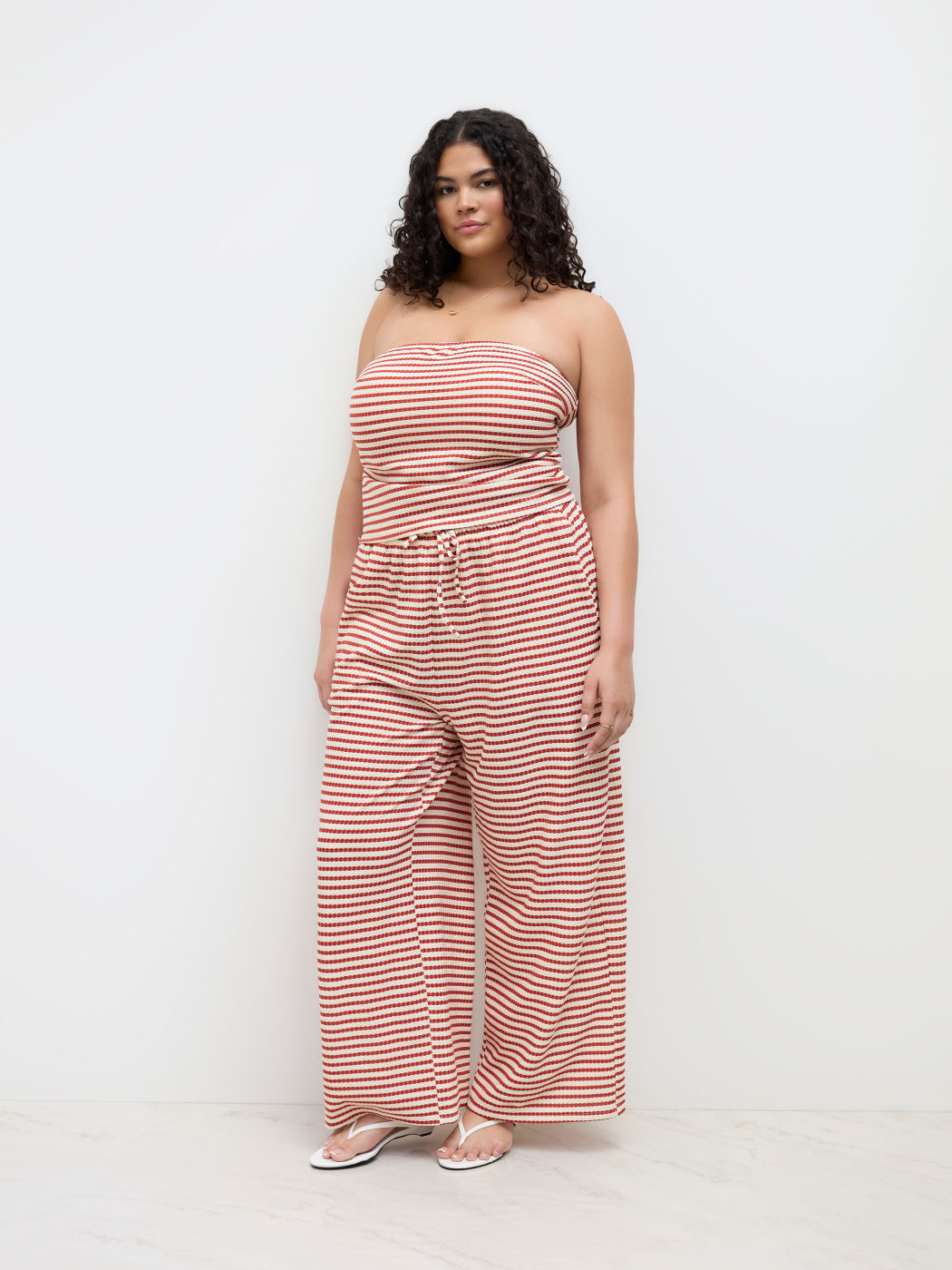 Bandeau Stripe Ruched Asymmetrical Hem Top & Mid Rise Knotted Wide Leg Trousers Set Curve & Plus