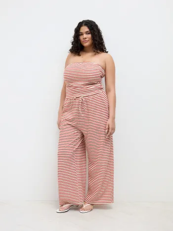 Bandeau Stripe Ruched Asymmetrical Hem Top & Mid Rise Knotted Wide Leg Trousers Set Curve & Plus