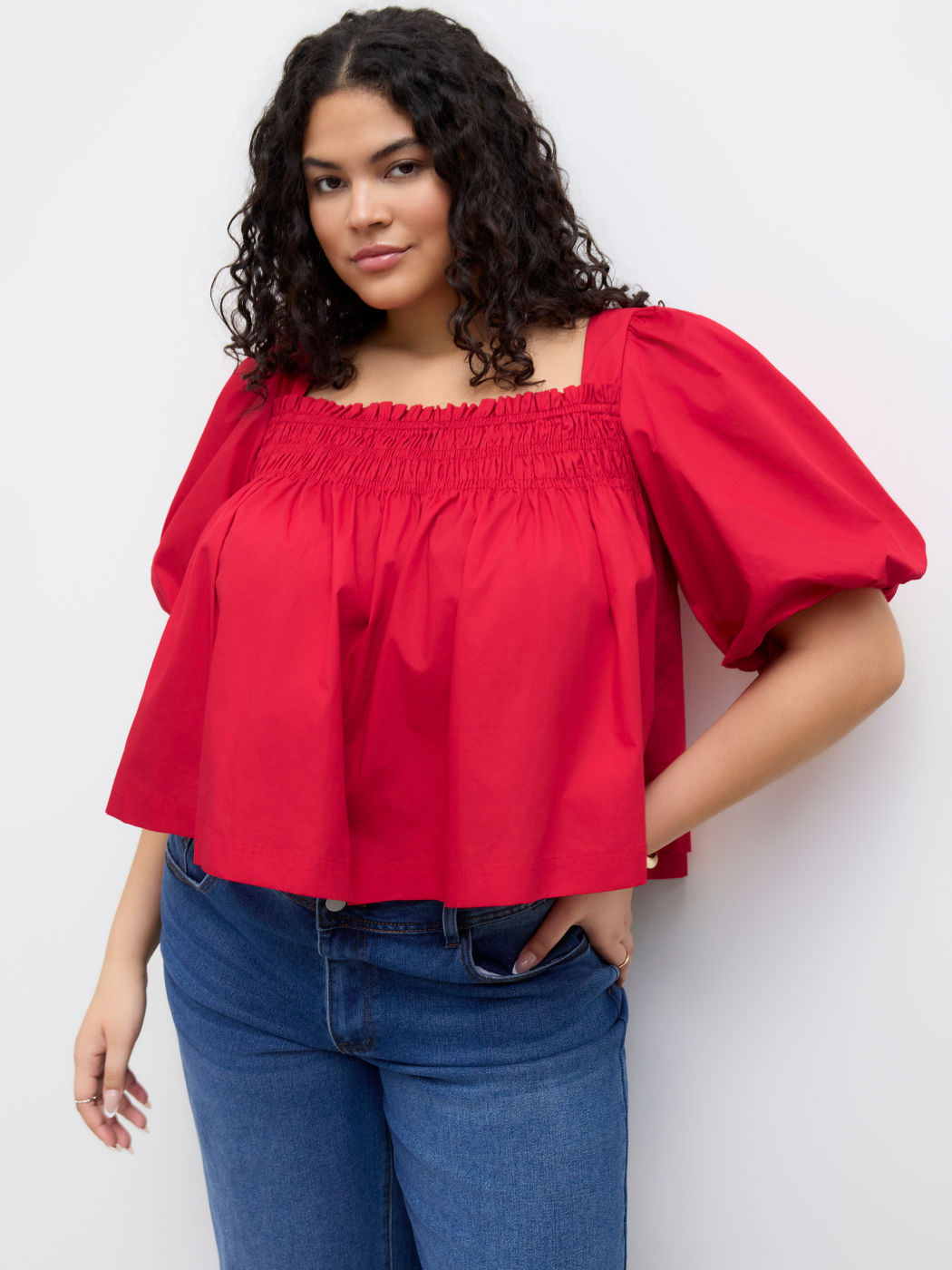 100% Baumwolle Shirred Knotted Puff Mittelarm Oversize Bluse Kurve & Plus