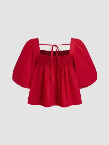 Camicetta oversize con maniche midi a sbuffo annodate e arricciate, 100% cotone