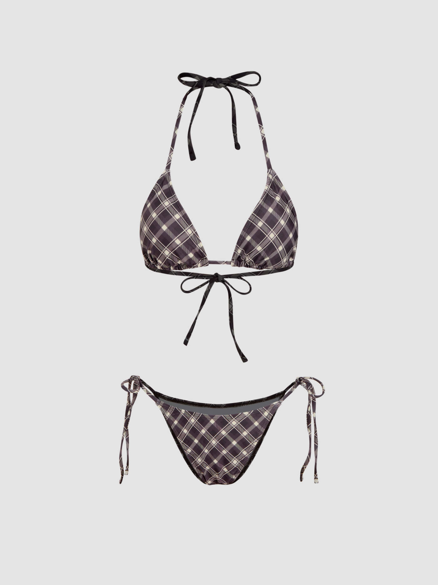 Halter Neckline Check Knotted Triangle Tie Side Bikini Set With Cover Up Shorts & Headscarf