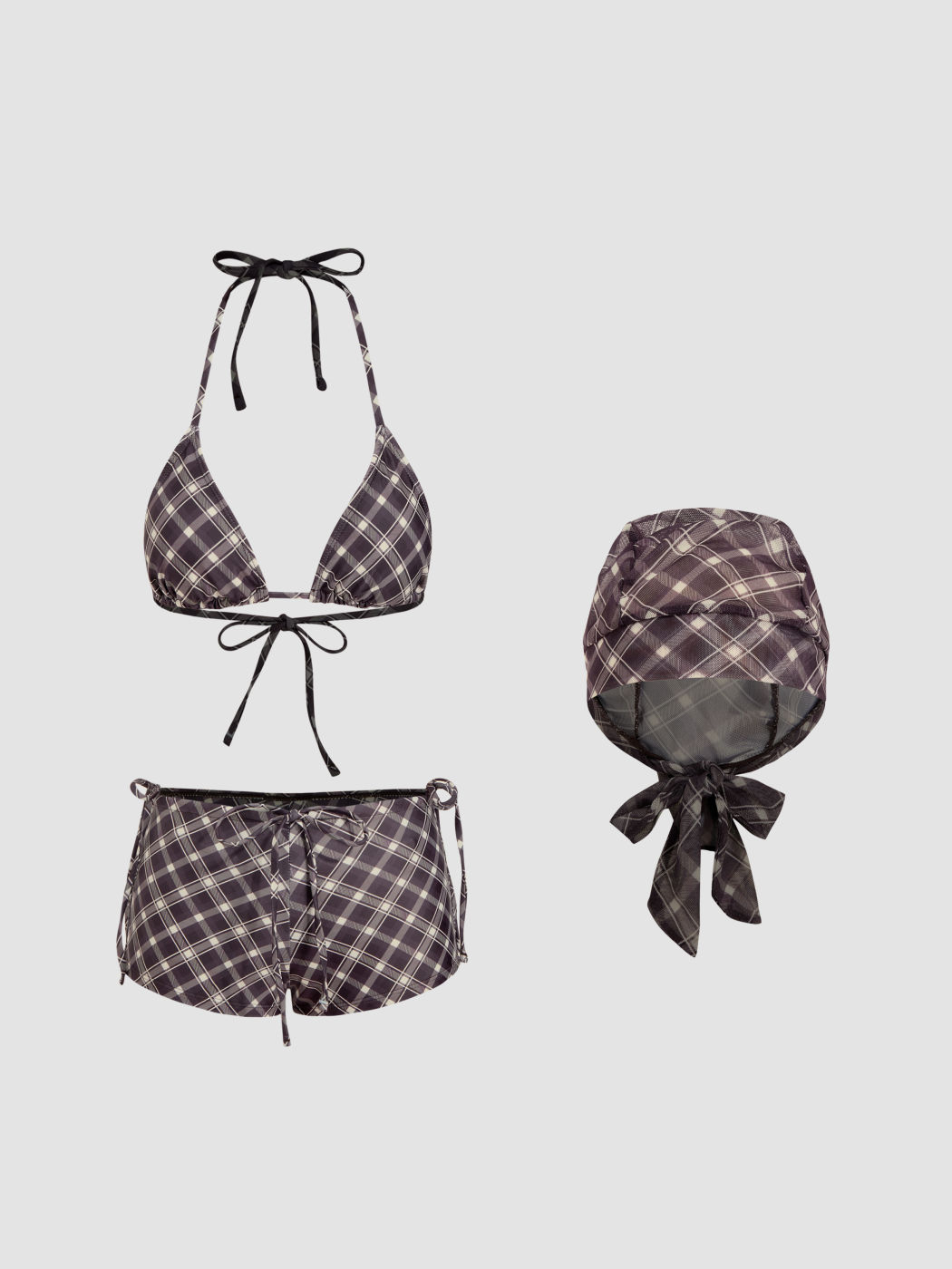 Halter Neckline Check Knotted Triangle Tie Side Bikini Set With Cover Up Shorts & Headscarf