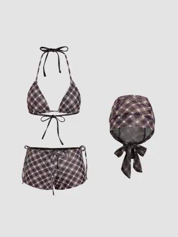 Halter Neckline Check Knotted Triangle Tie Side Bikini Set With Cover Up Shorts & Headscarf