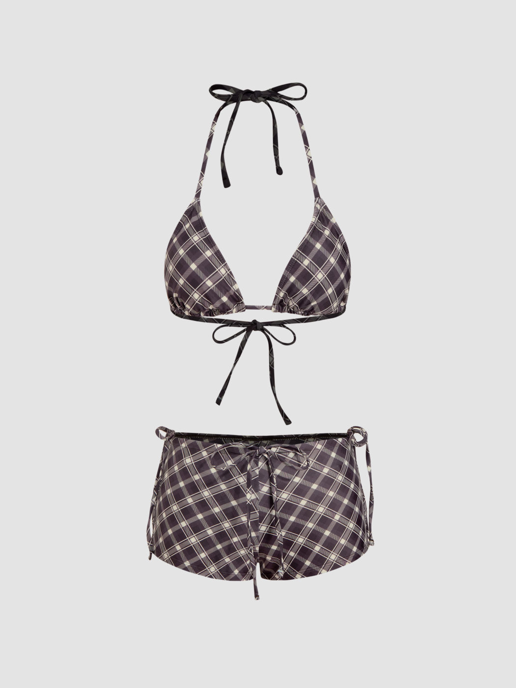 Halter Neckline Check Knotted Triangle Tie Side Bikini Set With Cover Up Shorts & Headscarf