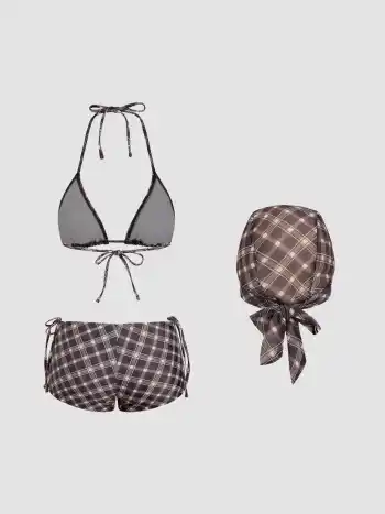 Halter Neckline Check Knotted Triangle Tie Side Bikini Set With Cover Up Shorts & Headscarf