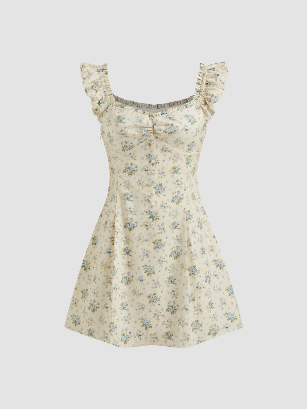 Cotton Floral Lettuce Trim Mini Dress