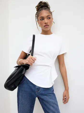 100% Cotton Round Neckline Ruched Asymmetrical Hem Tee