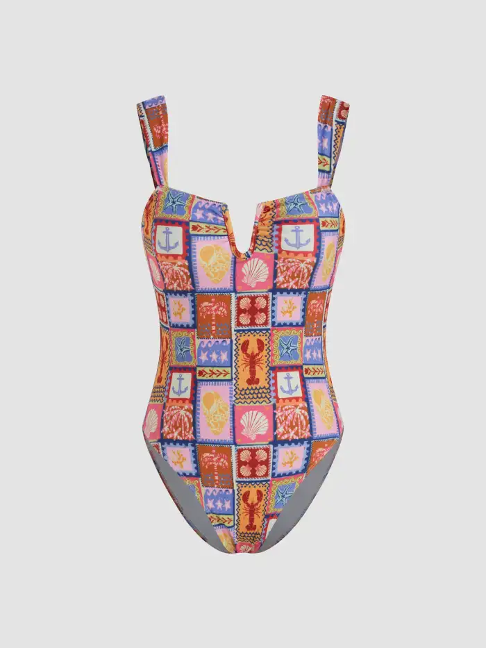 Summer Travel Shaping U-neckline Sun & Fish Knotted One Piece Swimsuit