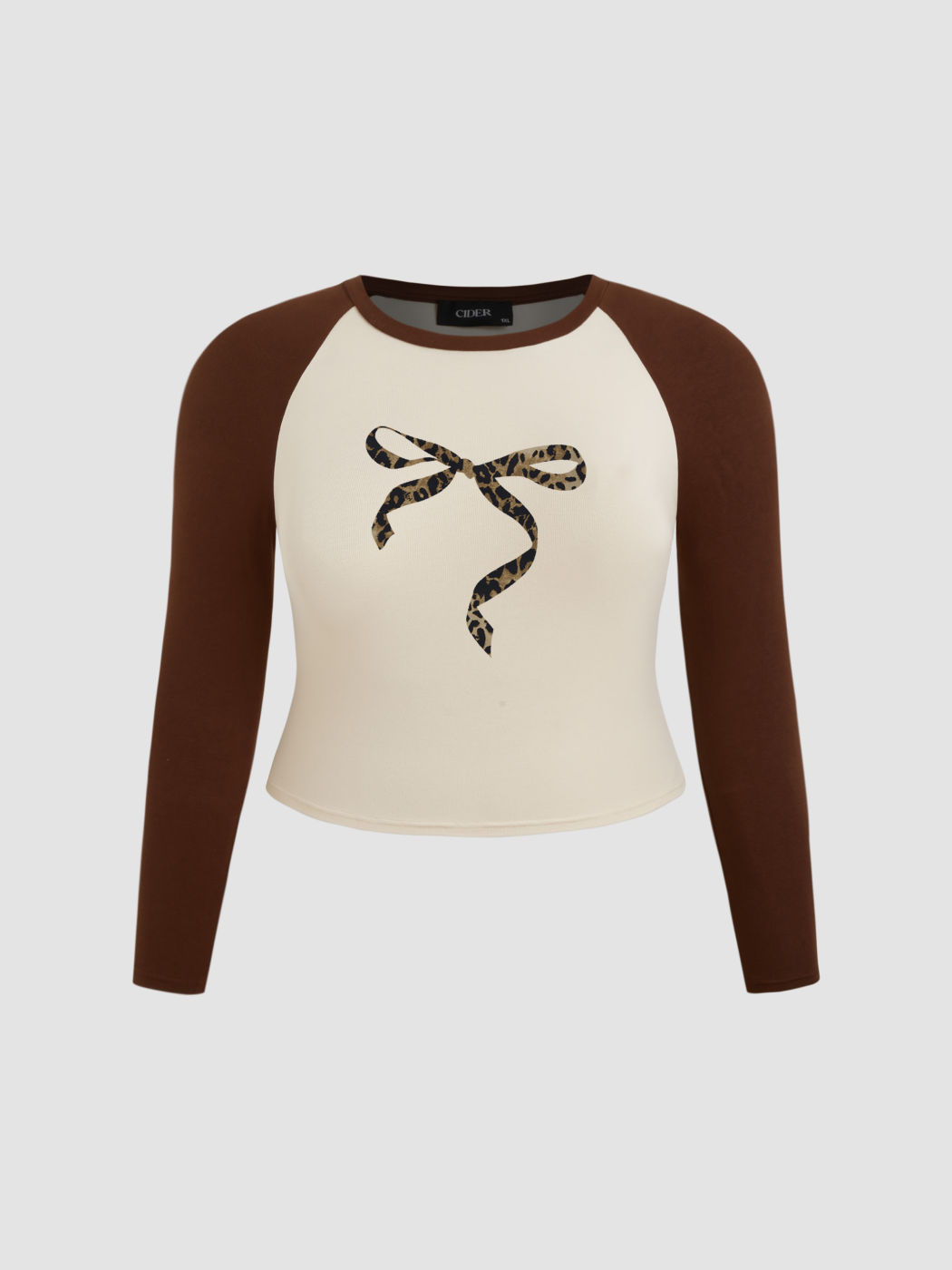 Round Neckline Leopard Bowknot Raglan Sleeve Tee Curve & Plus