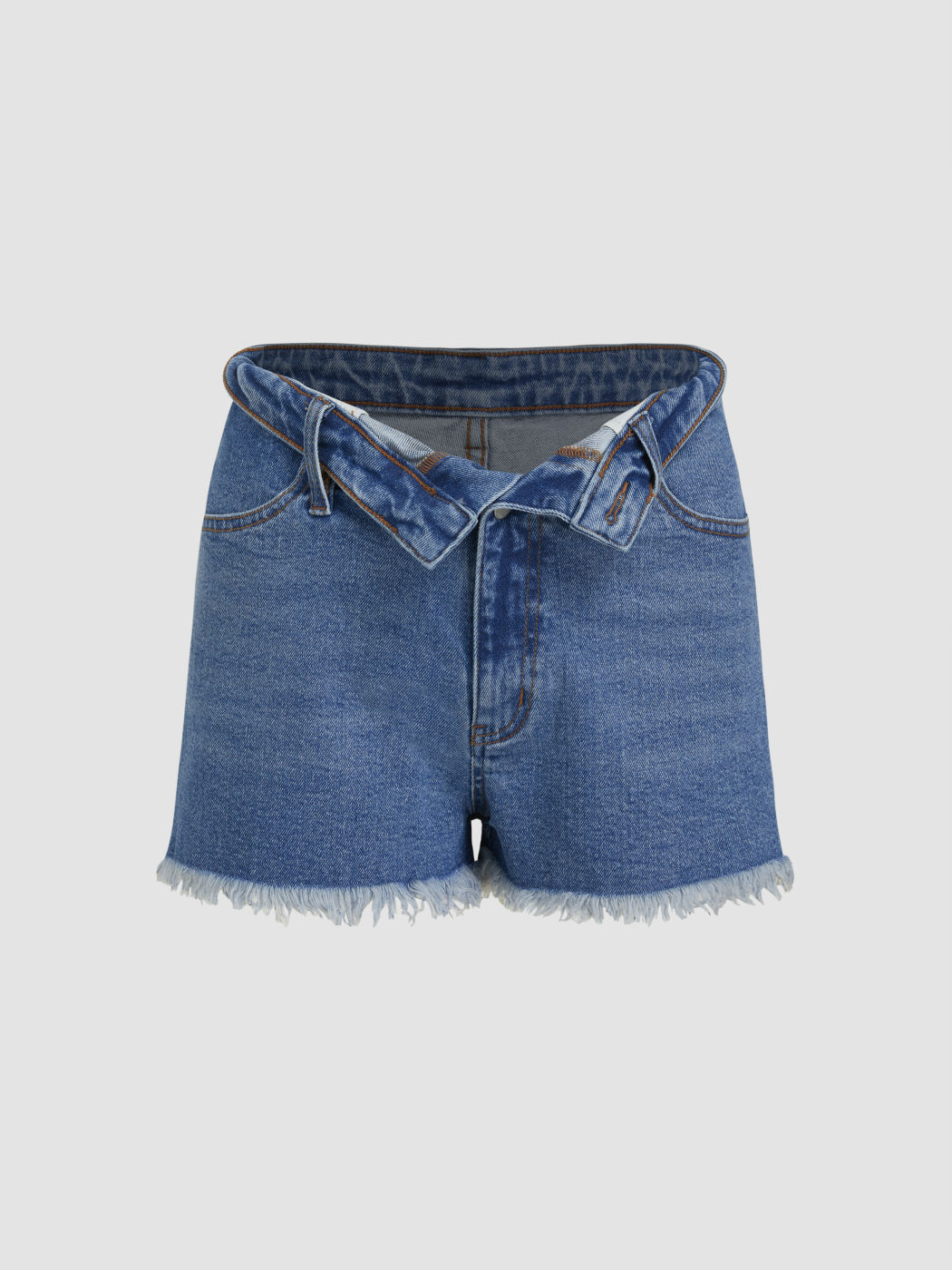 Stretch Denim Low Rise Raw Hem Fold Over Shorts