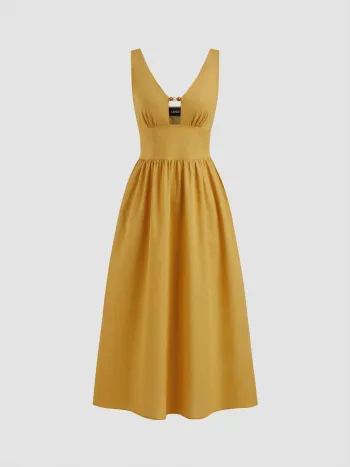 Leinen-Mischung V-Ausschnitt Perlen Cut-Out Rüschen Maxikleid