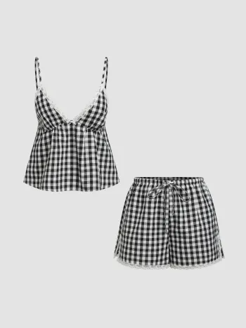 Cotton-blend V-neck Lace Trim Cami Top & Mid Rise Gingham Shorts Loungewear Set