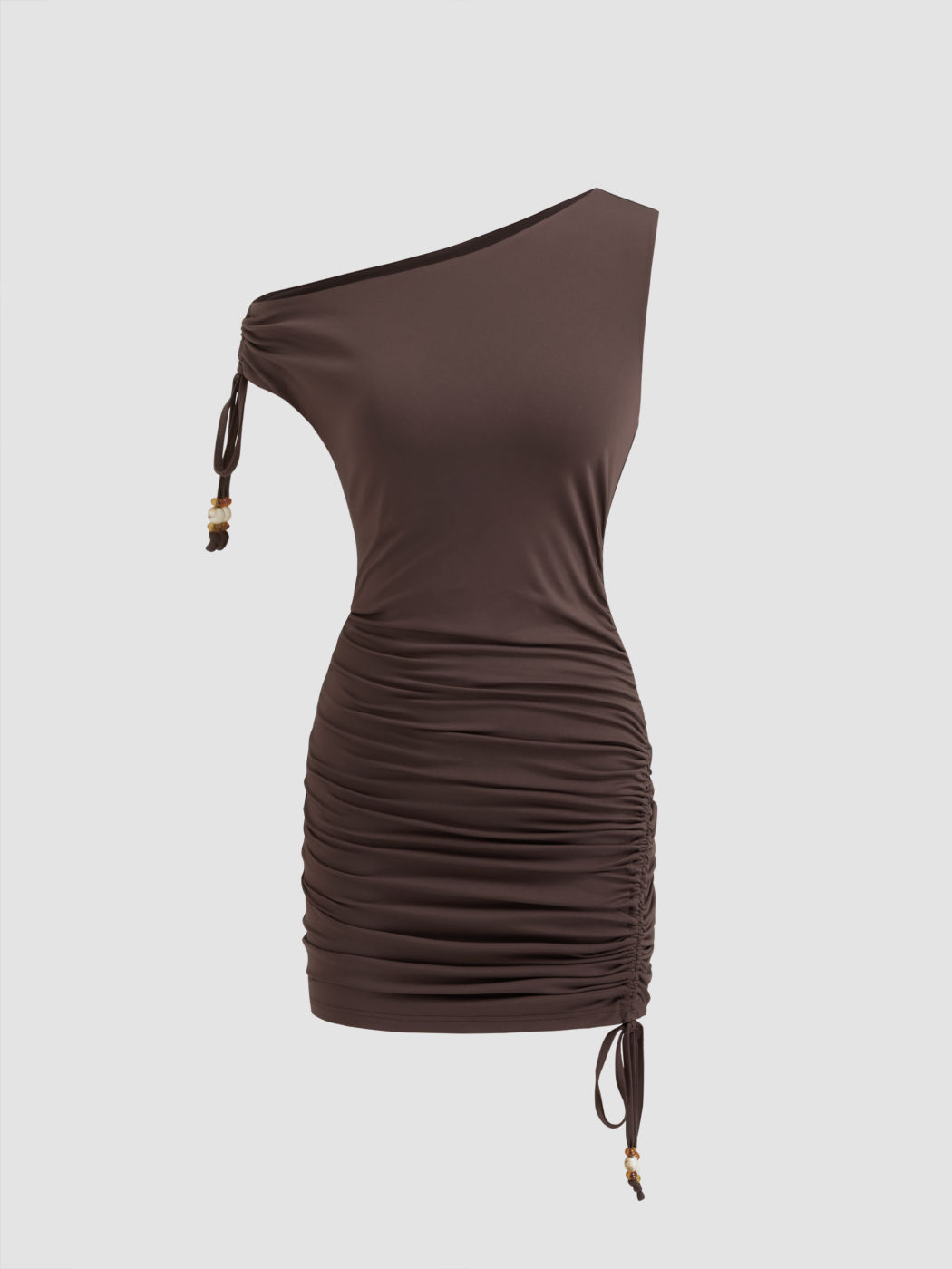 Asymmetrical Neck Drawstring Ruched Beaded Mini Dress