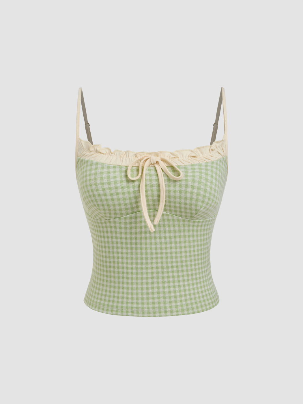 Gingham Knotted Lettuce Trim Cami Crop Top