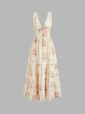 V-Ausschnitt, Spitzenrand, Blumenmuster, Schnürung, geschichtetes Maxikleid