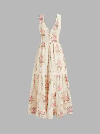 V-Ausschnitt, Spitzenrand, Blumenmuster, Schnürung, geschichtetes Maxikleid