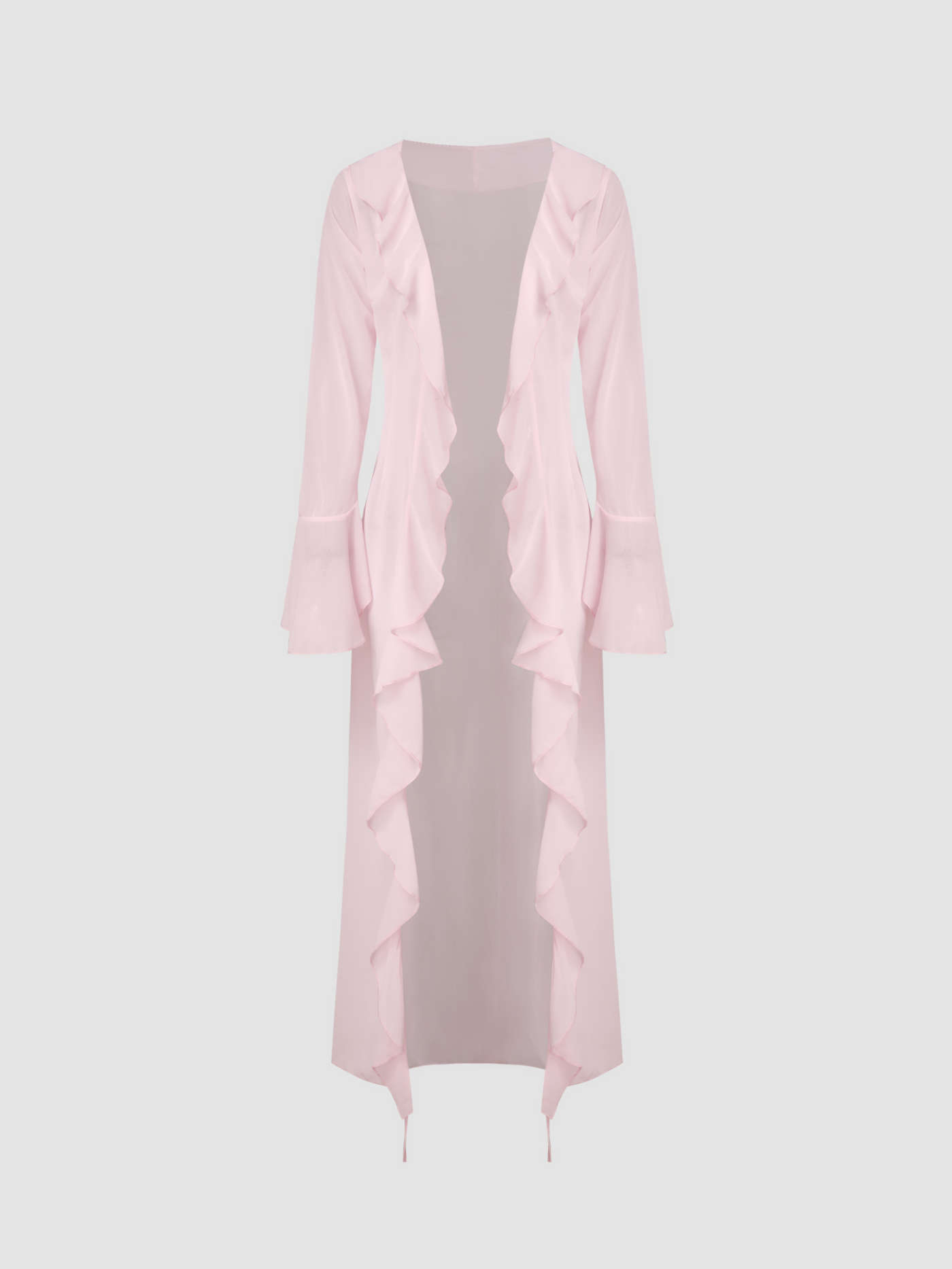 Mesh V-neck Knotted Ruffle Hem Bell Sleeve Cover Up Dress