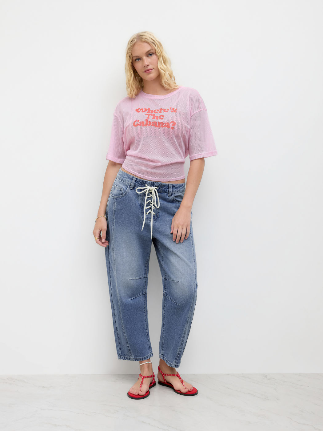 Where's The Cabana Mesh Graphic Knotted Back Oversized Tee