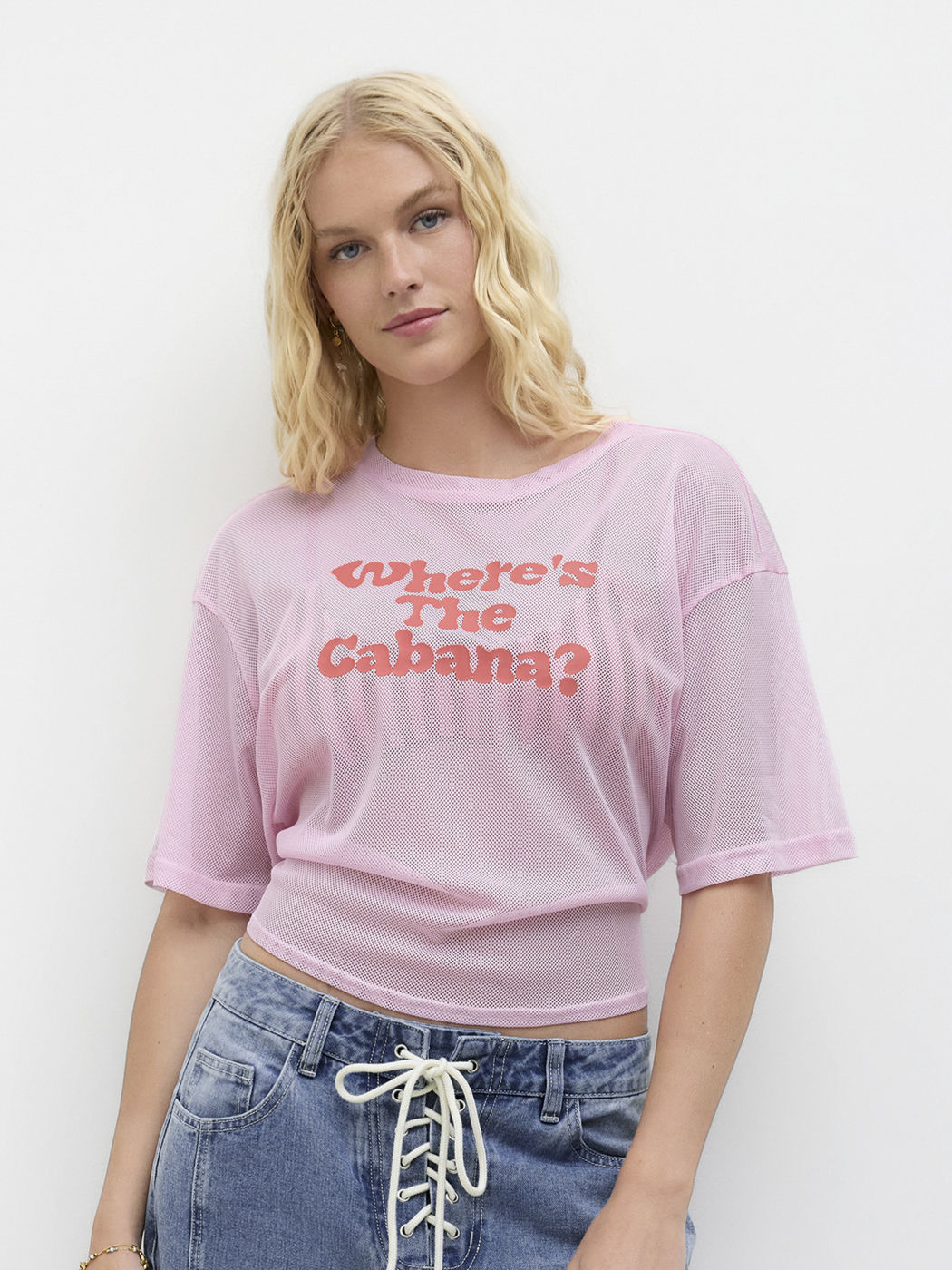 Where's The Cabana Mesh Graphic Knotted Back Oversized Tee