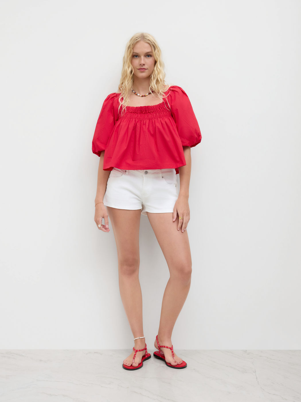 100% Cotton Shirred Knotted Puff Sleeve Oversized Blouse