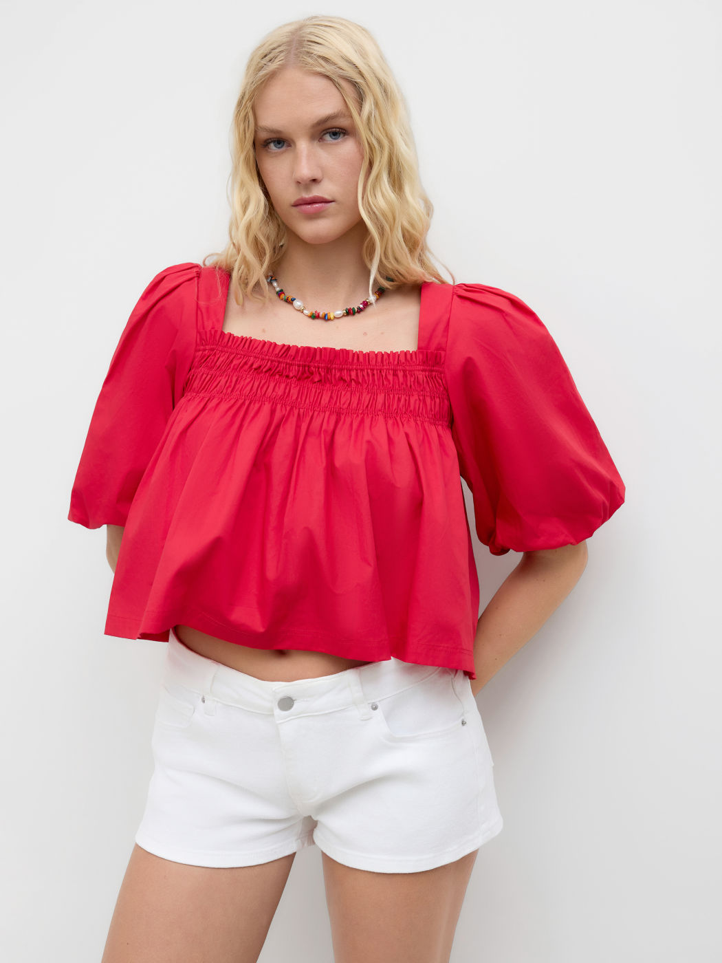 100% Cotton Shirred Knotted Puff Sleeve Oversized Blouse