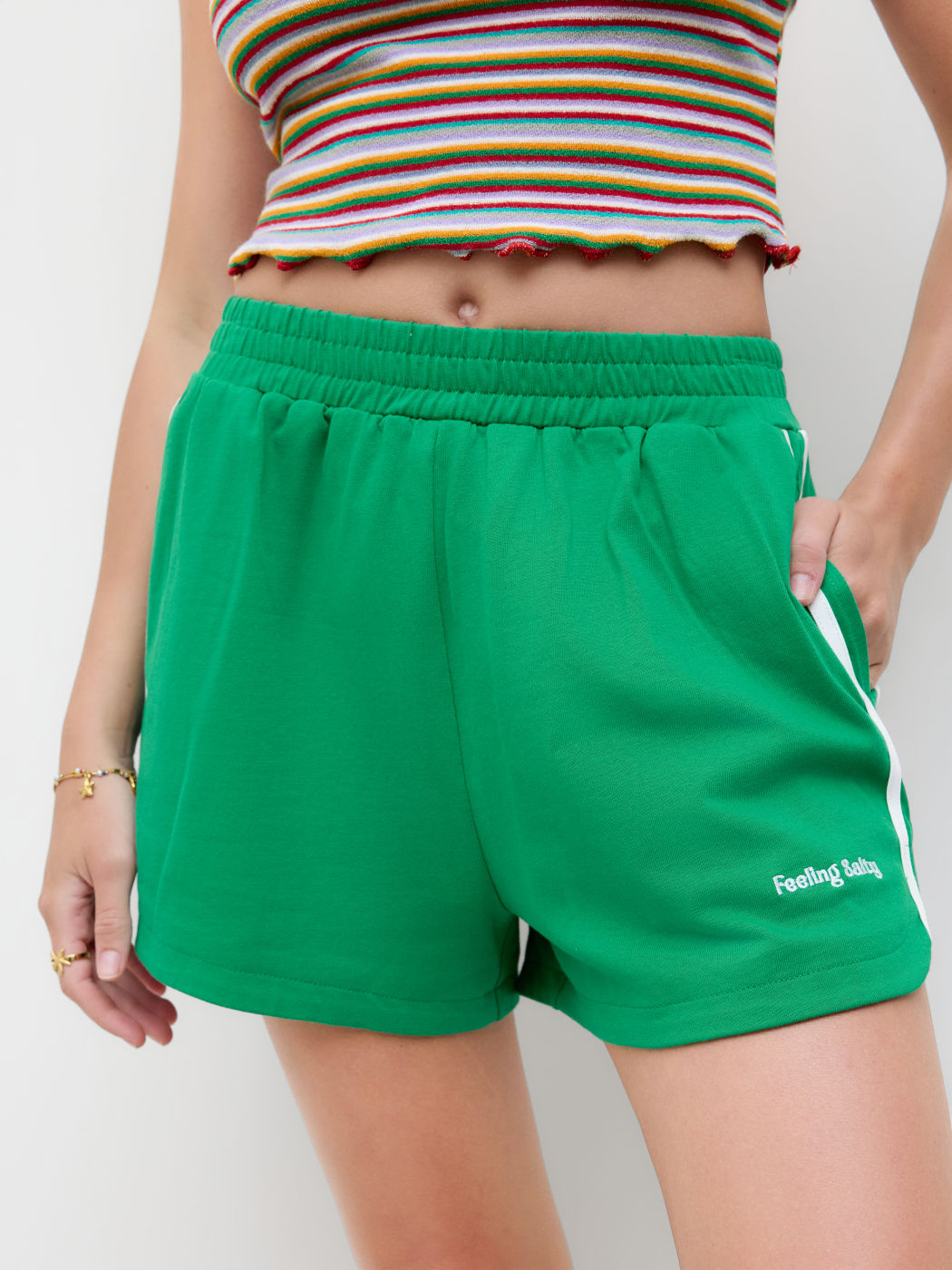 100% Cotton Side Stripe Embroidery Elastic Waist Micro Shorts