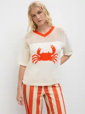 Knit V-neck Crab Hollow Out Contrasting Binding Oversized Top