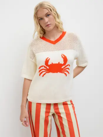 Top oversize in maglia con scollo a V, motivo a granchio traforato e bordi a contrasto