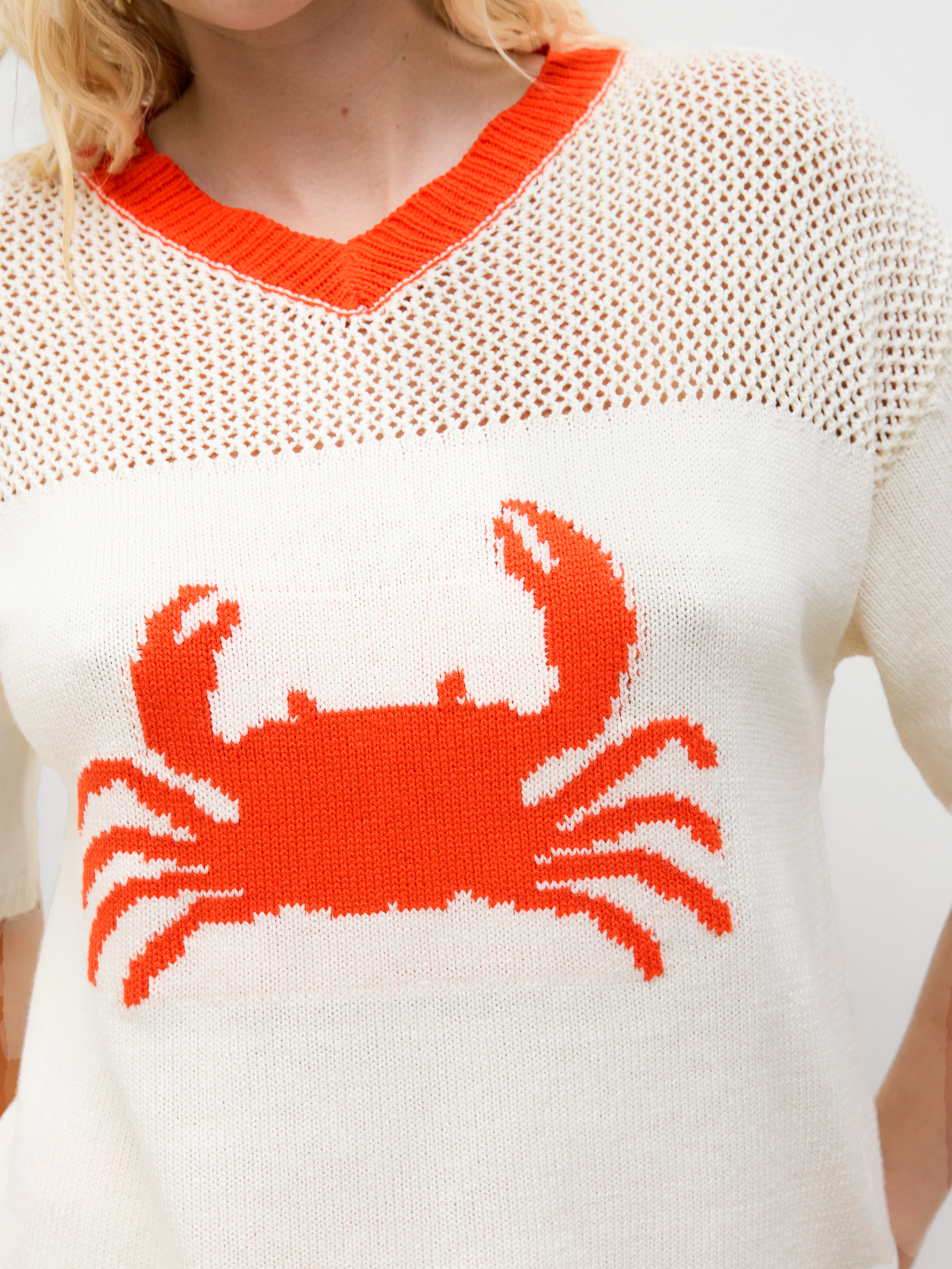 ニット生地 ニット Vネック カニ柄 ホローアウト コントラスト