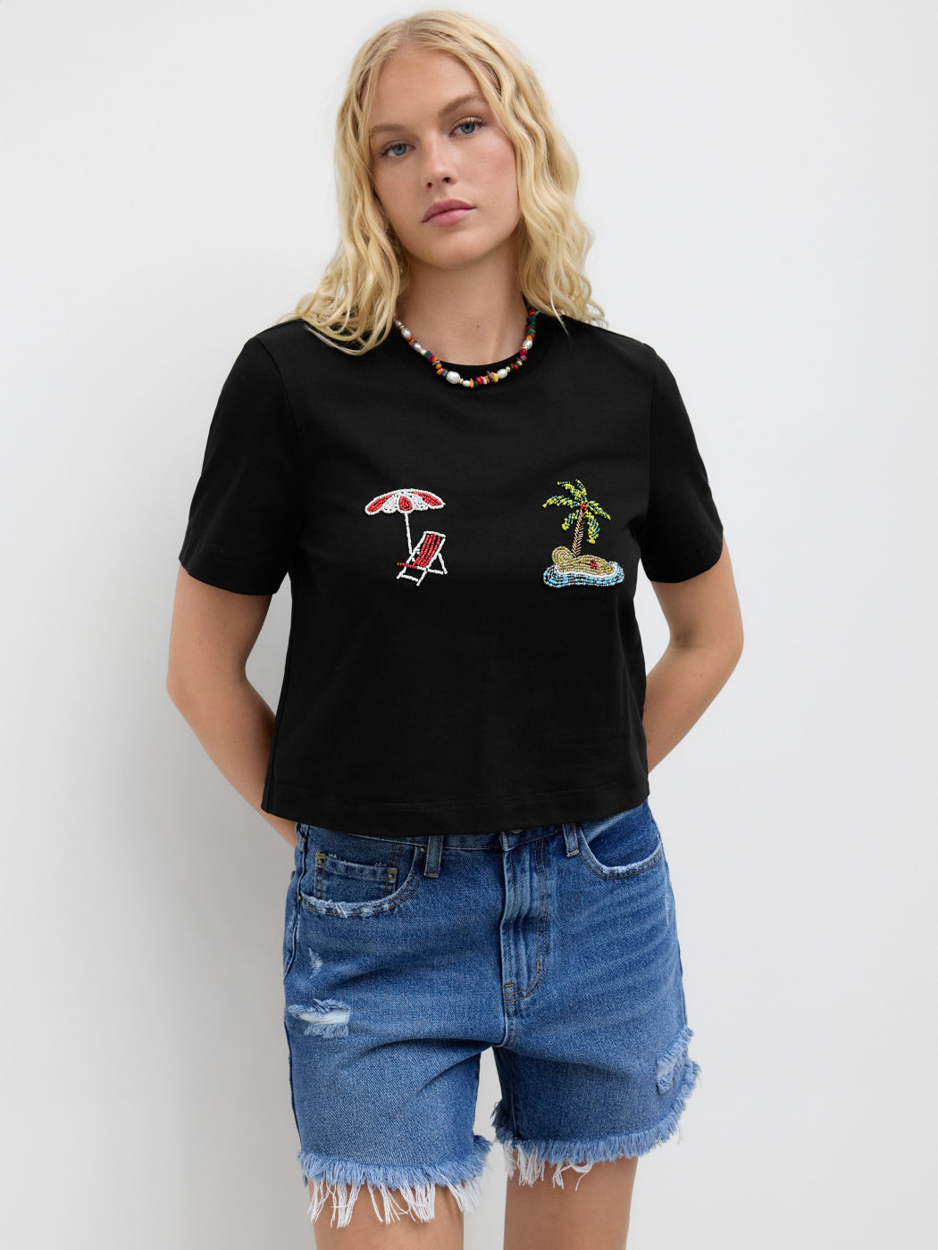 100% Cotton Coconut Tree Beach Beading Tee