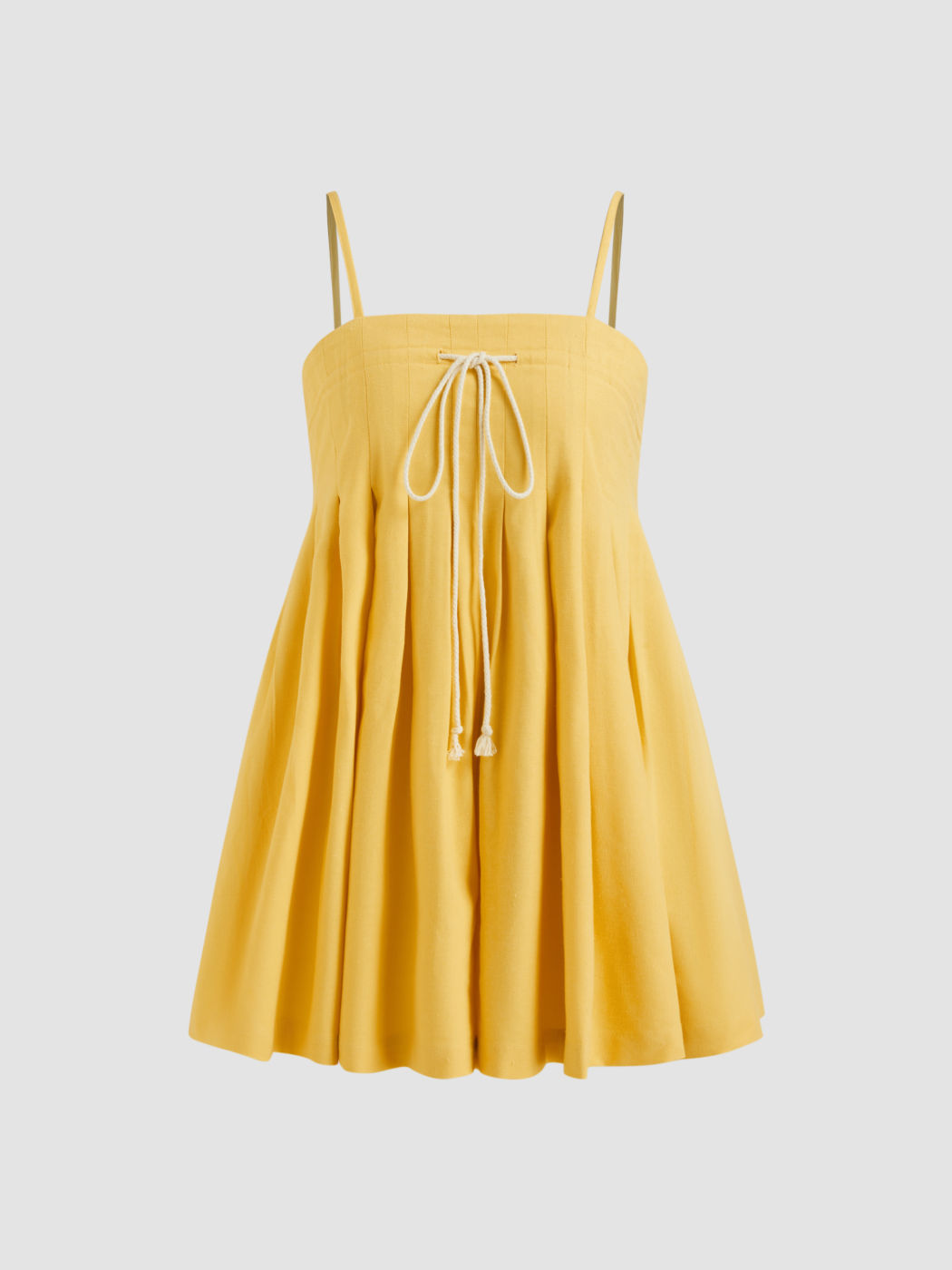 Linen-blend Square Neck Drawstring Shirred Pleated Romper