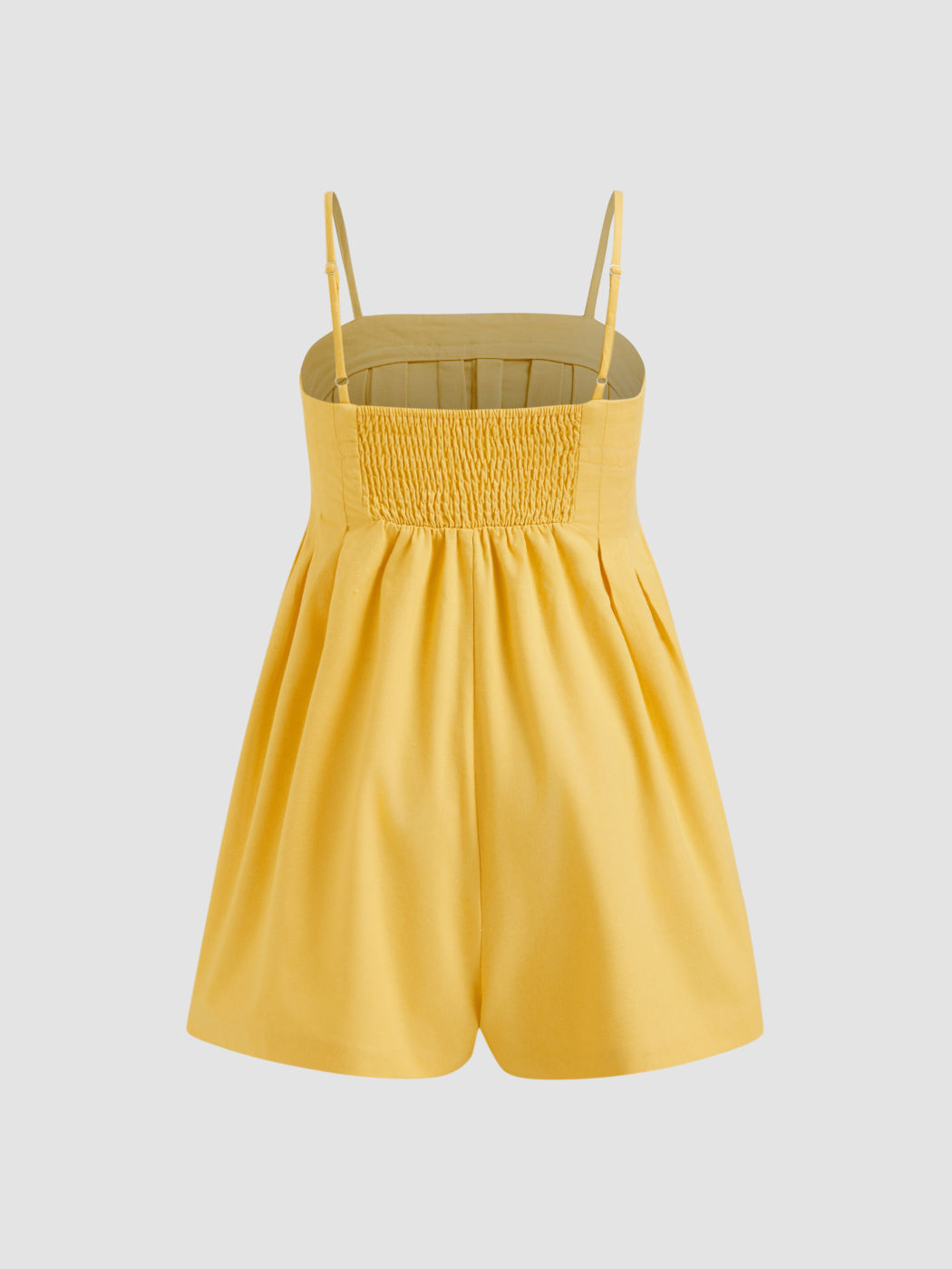 Linen-blend Square Neck Drawstring Shirred Pleated Romper