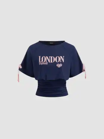 England London Cotton-blend Graphic Side Stripe Bowknot Ruched Tee