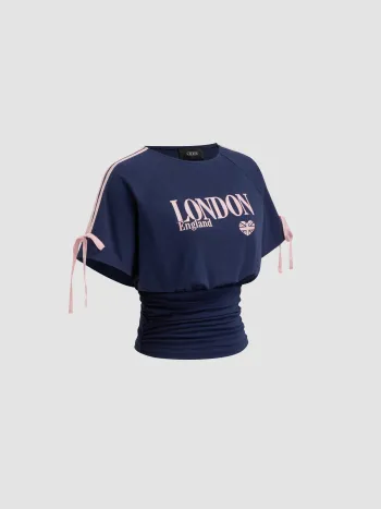 England London Cotton-blend Graphic Side Stripe Bowknot Ruched Tee