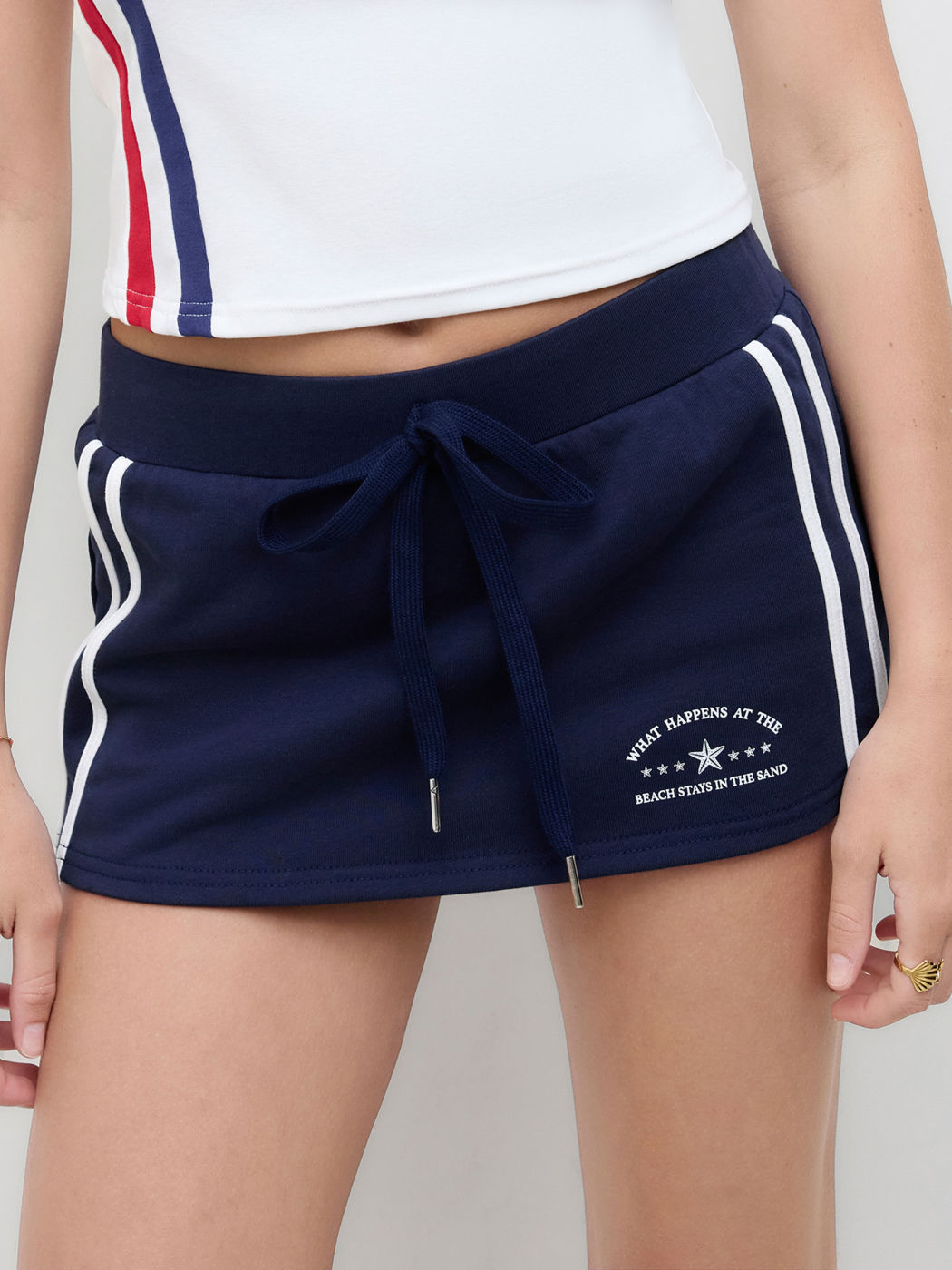 Terry Low Rise Side Stripe Drawstring Mini Skirt