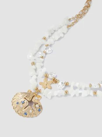 Doppelschichtiges Halsband mit Rheinsteindekor, Muschel, Seestern und Stein