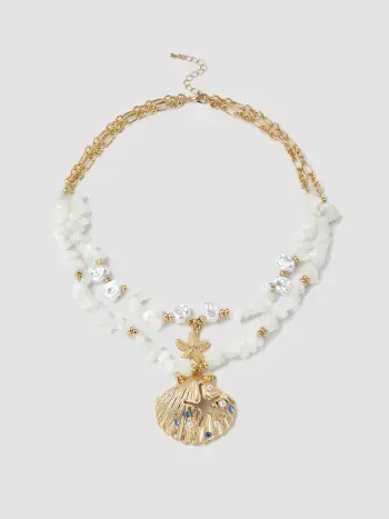 COLLANA DOPPIO STRATO CON STRASS, CONCHIGLIA, STELLA MARINA E PIETRA DECORATIVA