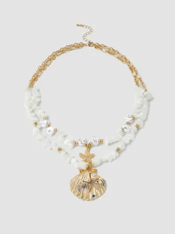 Doppelschichtiges Halsband mit Rheinsteindekor, Muschel, Seestern und Stein