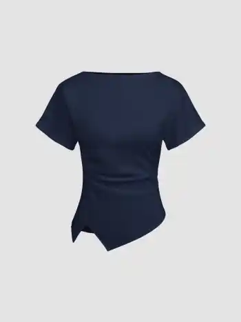 Baumwollmischung Bootshals geriffeltes T-Shirt mit asymmetrischem Saum