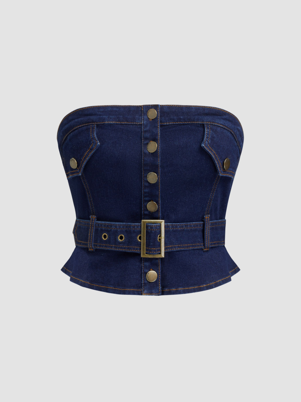 Stretch Denim Crop Bandeau Top With Belt