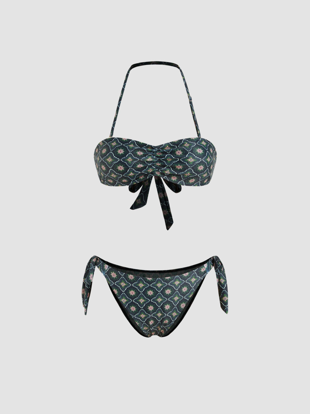 Adjustable Straps Halter Neckline Floral Knotted Bandeau Tie Side Bikini Set