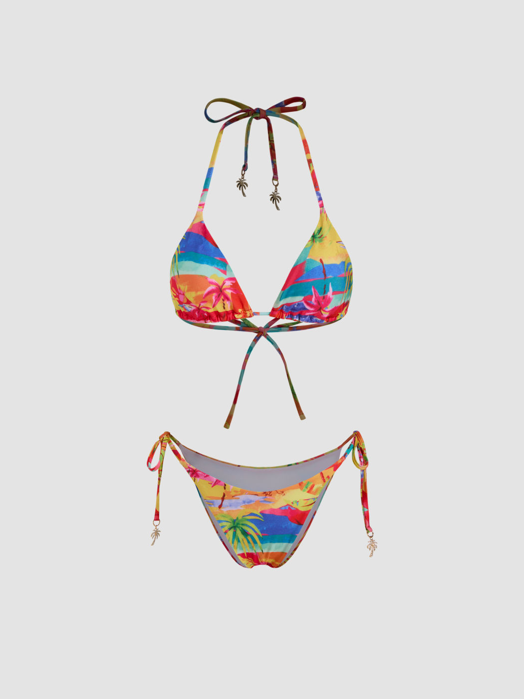 Set Bikini Triangolo Annodato con Scollo All'Americana, Dettaglio Albero di Cocco e Laccetti Laterali